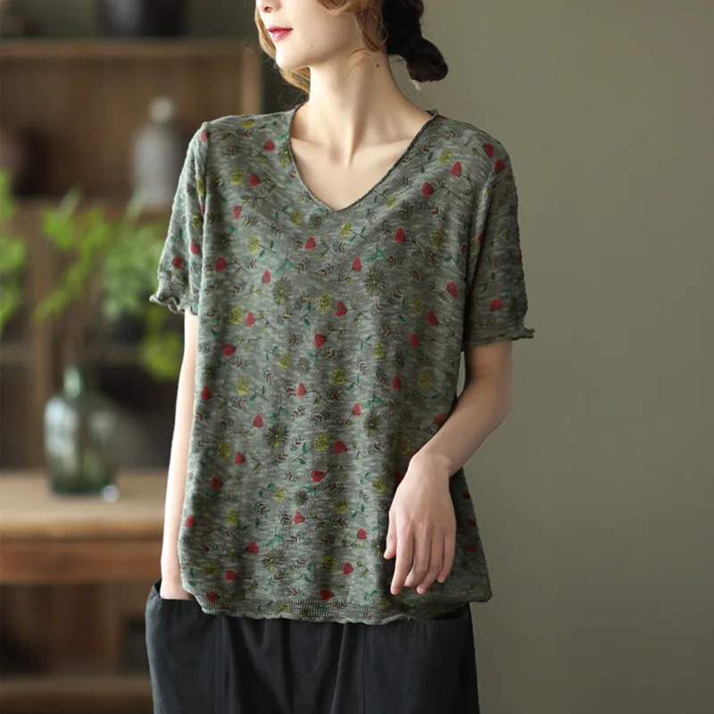 Retro Vintage Pullovers New Floral Knitted Cotton Tops Spring Summer Loose Short Sleeve Thin T-shirts Knitted Tops For Women
Retro Vintage Pullovers New Floral Knitted Cotton Tops Spring Summer Loose Short Sleeve Thin T-shirts Knitted Tops For Women