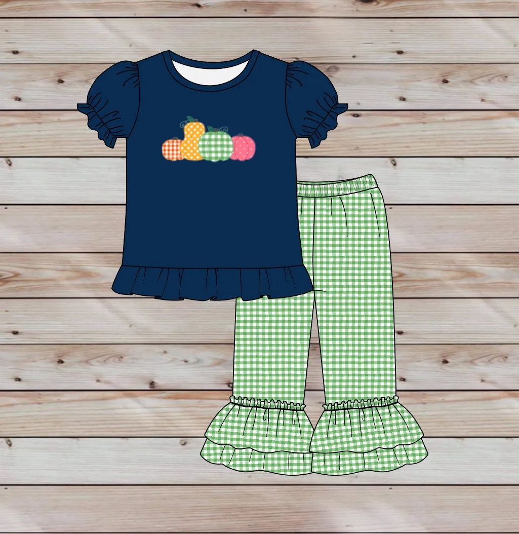 Autumn Girls Clothes Navy Blue Short Sleeve Top And Green Plaid Trousers Halloween Pumpkin Embroidery Toddler Girl Outfits
Autumn Girls Clothes Navy Blue Short Sleeve Top And Green Plaid Trousers Halloween Pumpkin Embroidery Toddler Girl Outfits