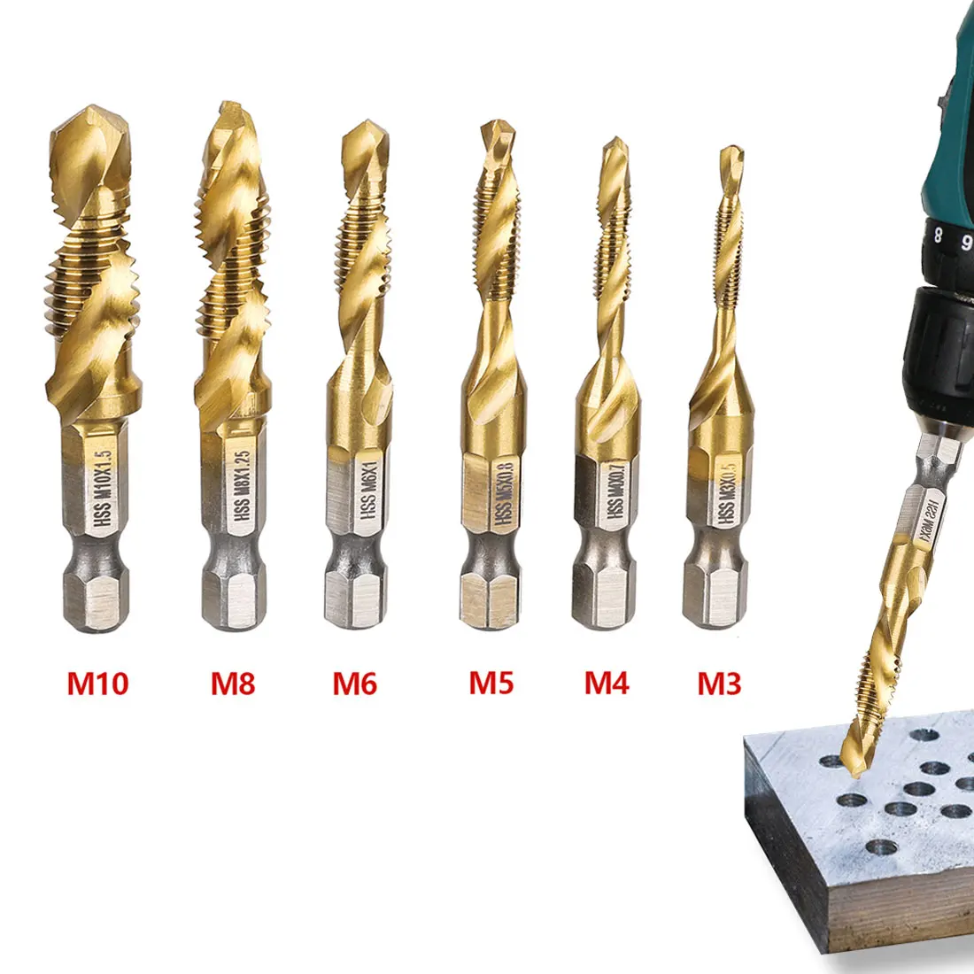 Drill Bits HSS Screw Thread Titanium Plated Metric Tap Hand Tools Hex Shank Screw Machine Compound tap 6Pcs M3 M4 M5 M6 M8 M10
Drill Bits HSS Screw Thread Titanium Plated Metric Tap Hand Tools Hex Shank Screw Machine Compound tap 6Pcs M3 M4 M5 M6 M8 M10