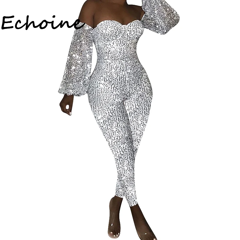 

Echoine Sexy Sequin Jumpsuit Slash Neck Long Romper Playsuit Women Party Night Cloth Slinky Bodycon Rompers Womens Jumpsuit