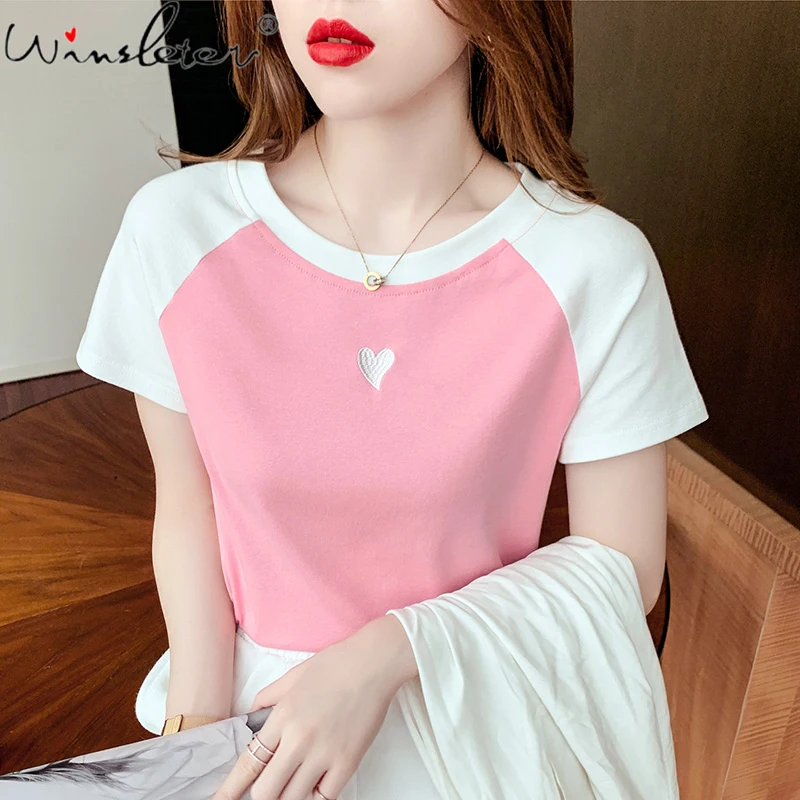 Preppy Style Summer 2021 Crop Tops Pink T-shirt Loving Heart Appliques Raglan Sleeve Color Block Tees Tops For Women T16607A
Preppy Style Summer 2021 Crop Tops Pink T-shirt Loving Heart Appliques Raglan Sleeve Color Block Tees Tops For Women T16607A