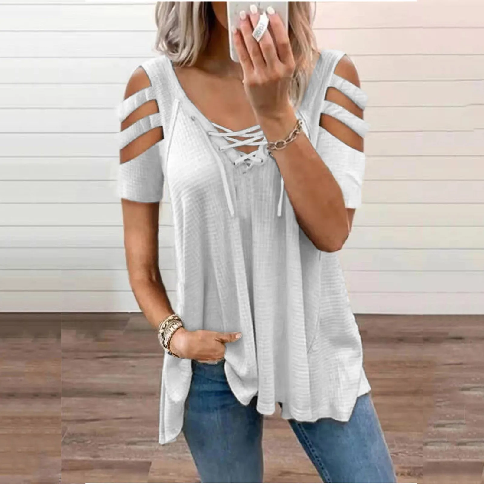 2021 Summer New Women Off Shoulder Tops Lace Up Tees Short Sleeve Blouse V-Neck T-Shirt
2021 Summer New Women Off Shoulder Tops Lace Up Tees Short Sleeve Blouse V-Neck T-Shirt