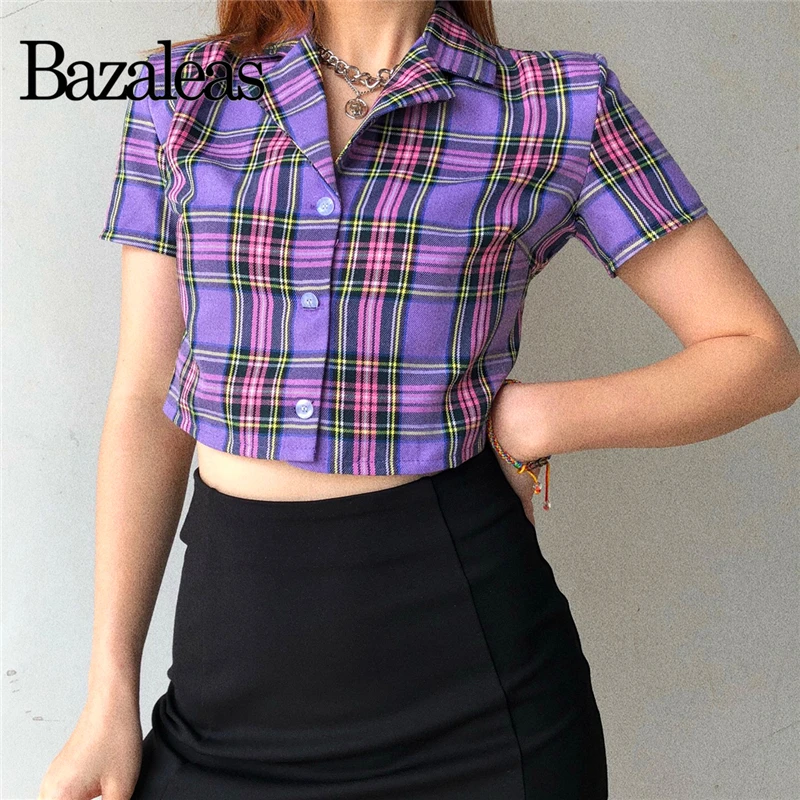 Женская укороченная блузка с отложным воротником Bazaleas, фиолетовая укороченная блузка в стиле Харадзюку С 3 пуговицами, ropa mujer 
Женская укороченная блузка с отложным воротником Bazaleas, фиолетовая укороченная блузка в стиле Харадзюку С 3 пуговицами, ropa mujer