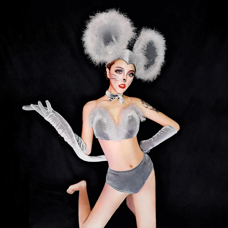 Gray Cute Mouse Suit Ensemble Femme Outfit Women DJ Rave Feather Bikini Headwear GoGo Dance Costume Sexy Nightclub Stage Wear |