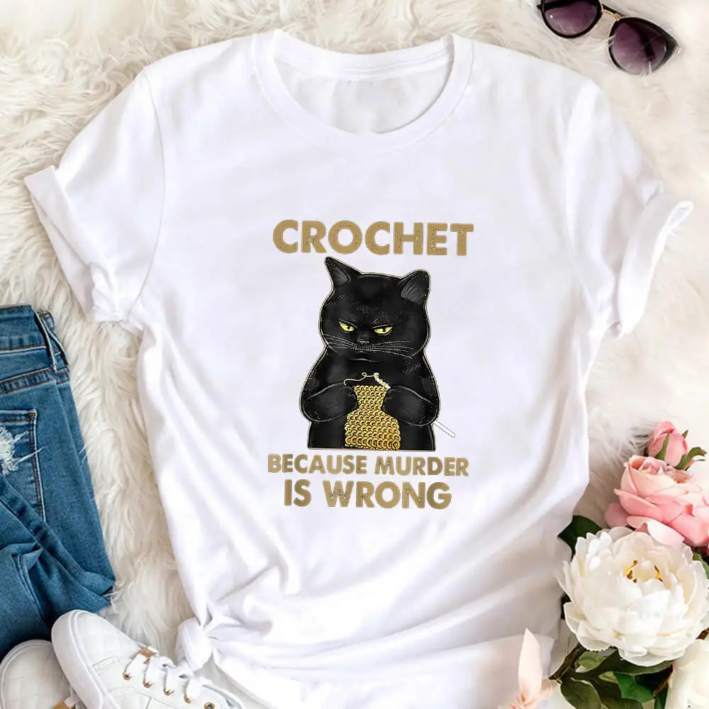 

Cute Crochet Cat Printed 100%Cotton Women's Tshirt Cat Mom Life Funny Summer Casual O-Neck Short Sleeve Tops Pet Lover Gift