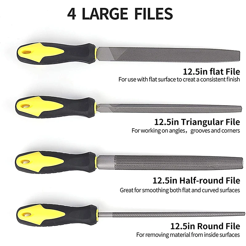 19Pcs File Set, 4 Flat/Half-Round/Round Files Tool, 14 Files Set with 1 Brush for Woodwork Metal Applications
19Pcs File Set, 4 Flat/Half-Round/Round Files Tool, 14 Files Set with 1 Brush for Woodwork Metal Applications