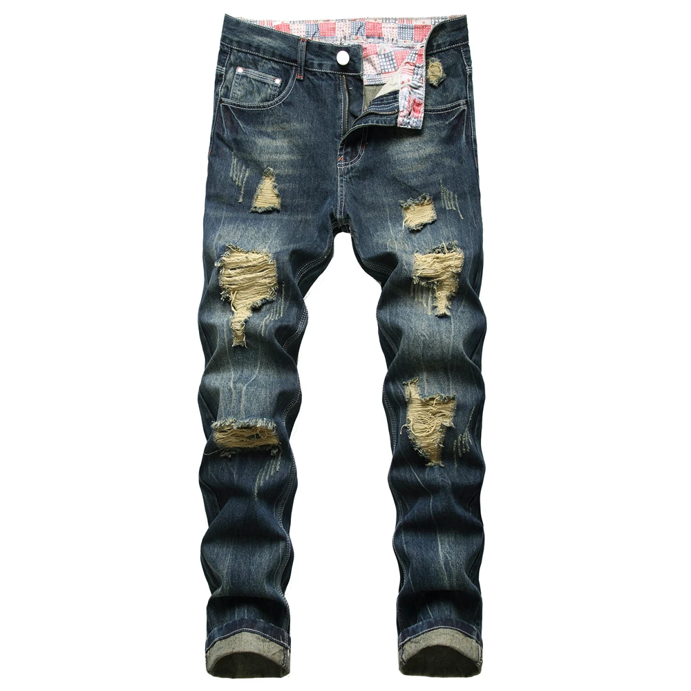 

Autumn Men's Ripped Distressed Jeans Hombre High Quality Cotton Straight Denim Pants Casual Dark Blue Nostalgic Cowboys Trousers