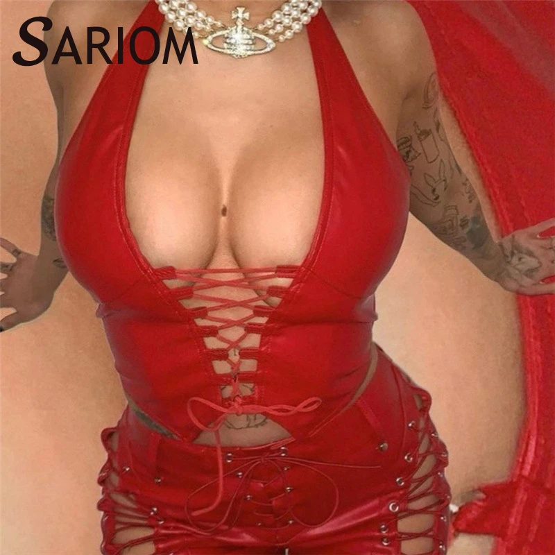 Укороченный топ из искусственной кожи с завязкой спереди и лямкой через шею, сексуальные женские майки в стиле Харадзюку с глубоким V-образн...
Укороченный топ из искусственной кожи с завязкой спереди и лямкой через шею, сексуальные женские майки в стиле Харадзюку с глубоким V-образн...