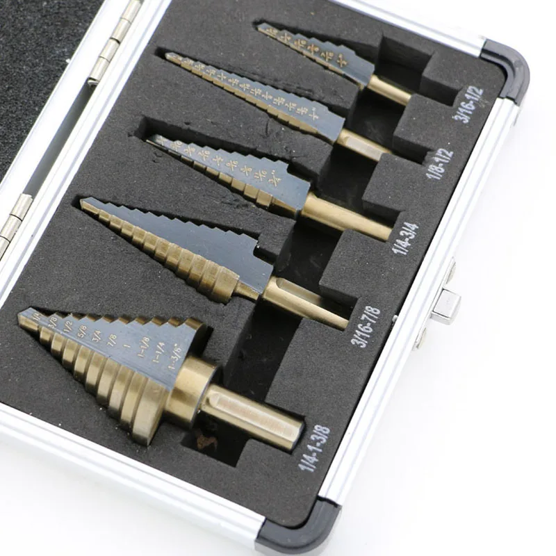 5 Pcs HSS Step Drill British System Aluminum Box Pagoda Drills Multiple Hole 50 Sizes Step Bit Set Metal Wood Step Cone Tool
5 Pcs HSS Step Drill British System Aluminum Box Pagoda Drills Multiple Hole 50 Sizes Step Bit Set Metal Wood Step Cone Tool