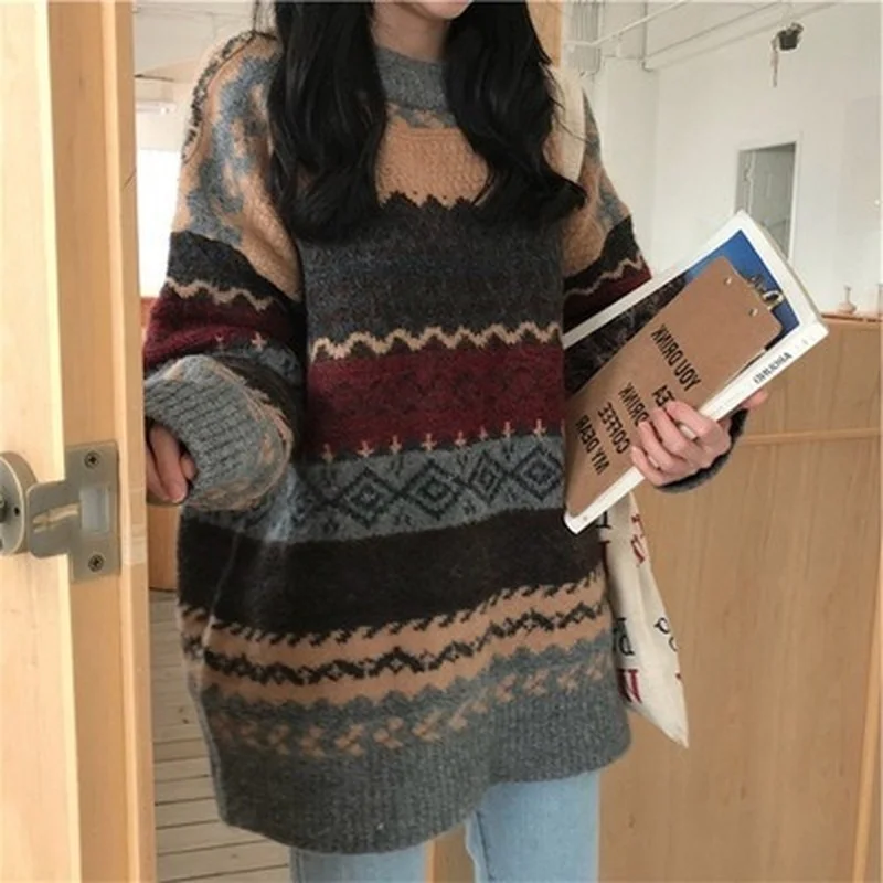 Women Korean Vintage Knitted Sweaters Fall/winter Striped Outer Wear Lazy Style Large Size Pullover Long Sleeves Loose Sweater
Women Korean Vintage Knitted Sweaters Fall/winter Striped Outer Wear Lazy Style Large Size Pullover Long Sleeves Loose Sweater