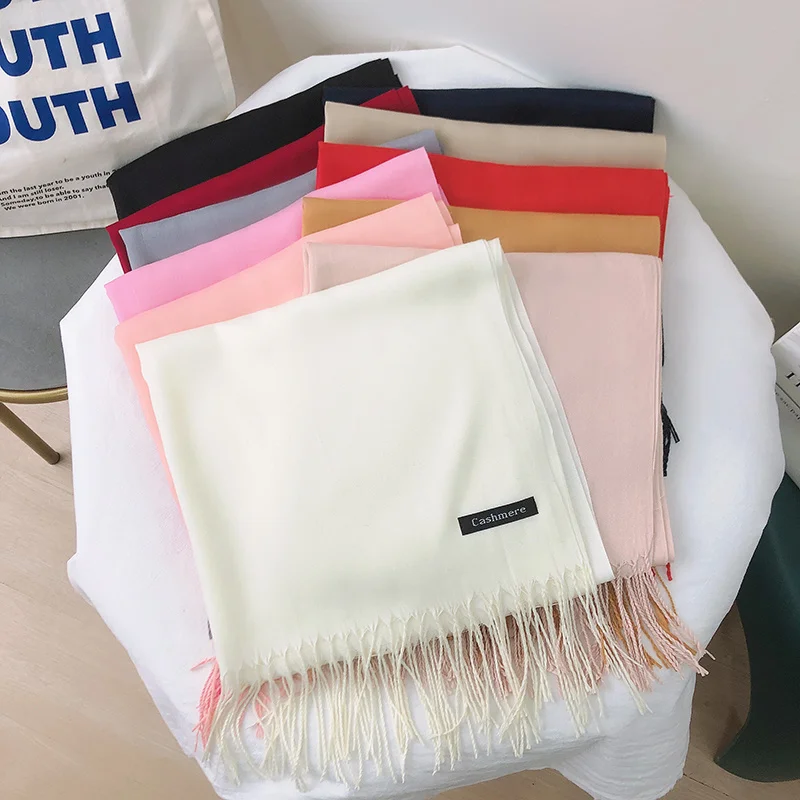 

2021 Solid Color Hijabs Cashmere Scarf Women Winter Warm Long Shawls And Wraps Hijab Scarves Pashmina Tassels Thin Headband
