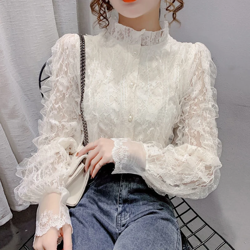 Korean Style Stand Collar Lace Mesh Blouse Women New Long Sleeve Elegant Fashion Lady Solid Tops Sweet Clothing Blusas Elegant
Korean Style Stand Collar Lace Mesh Blouse Women New Long Sleeve Elegant Fashion Lady Solid Tops Sweet Clothing Blusas Elegant
