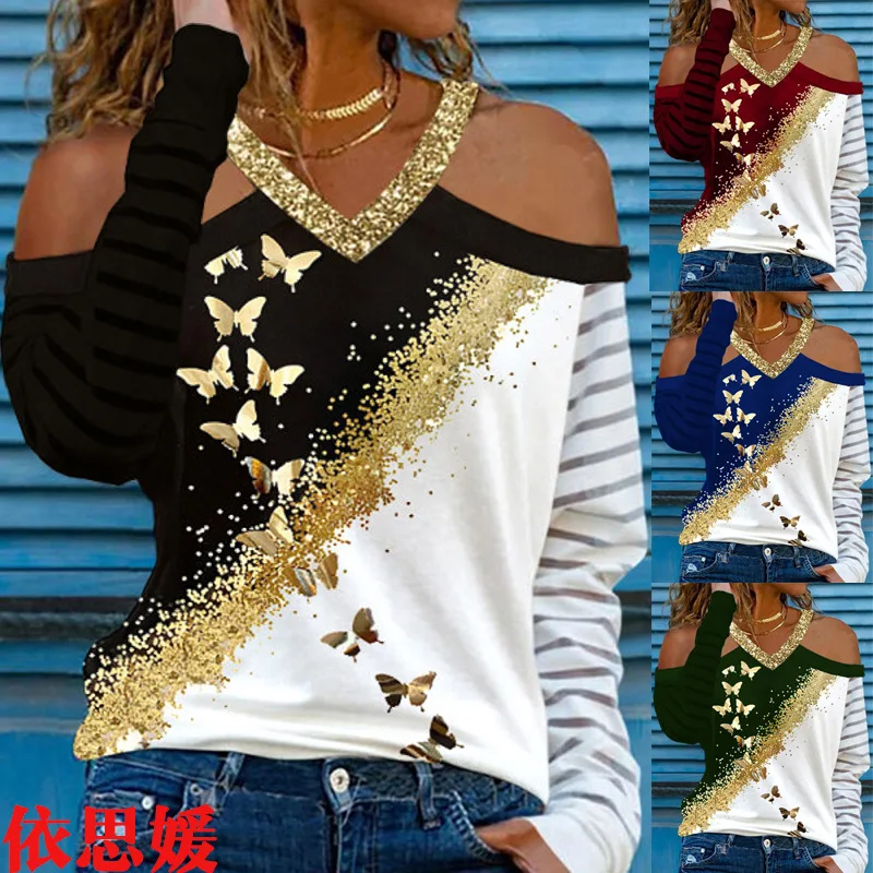 2021 European and American fashion T-shirt women's autumn new printed long-sleeved strapless butterfly V-neck top shirt
2021 European and American fashion T-shirt women's autumn new printed long-sleeved strapless butterfly V-neck top shirt