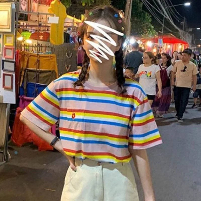 Women T Shirts Korean Rainbow Striped Tee Shirts Sumemr O-neck Loose T-Shirt Woman Clothes Short Sleeve Tee 
Women T Shirts Korean Rainbow Striped Tee Shirts Sumemr O-neck Loose T-Shirt Woman Clothes Short Sleeve Tee