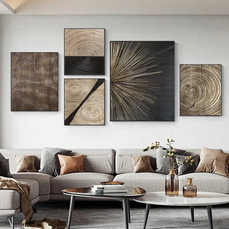 

Wall Prints Abstract Retro Black Gold Wood Art Posters 3D Tree Ring Radial Lines Nordic Canvas Picture Home Room Decor Paintings