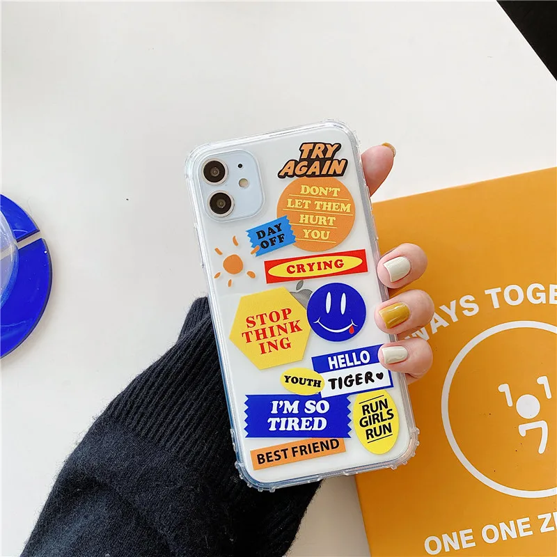 INS Smile Face Transparent Shockproof Good Job label phone case For iphone 11 Pro X XS XR 7 8 plus MAX soft silicon back Cover | Мобильные