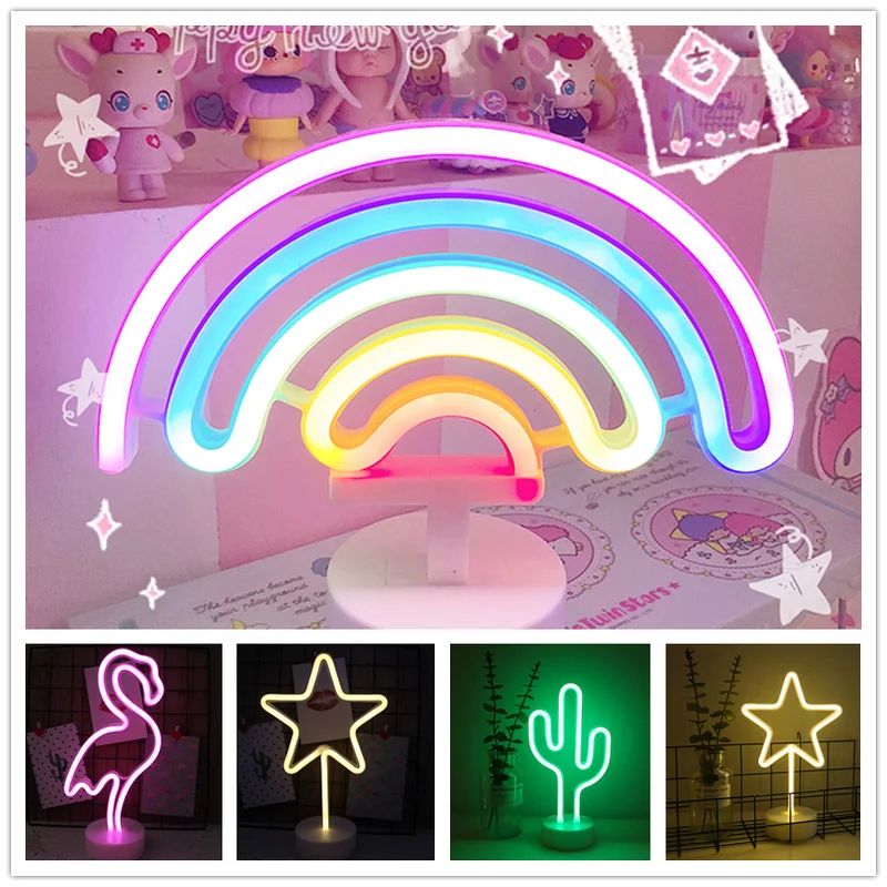 

Неоновая вывеска с USB, декоративная лампа в виде единорога, фламинго, Луны, радуги для дома, детской комнаты, прикроватный ночник, светильник ...