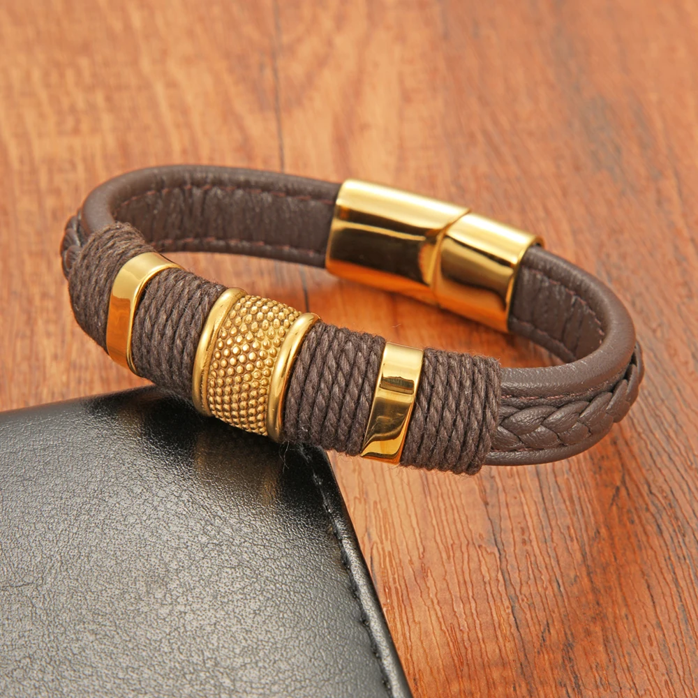 Punk Rock Style Men's Fashion Brown Leather Rope Braided Bracelet With Stainless Steel Magnetic Clasp Jewelry For Friends Gifts |