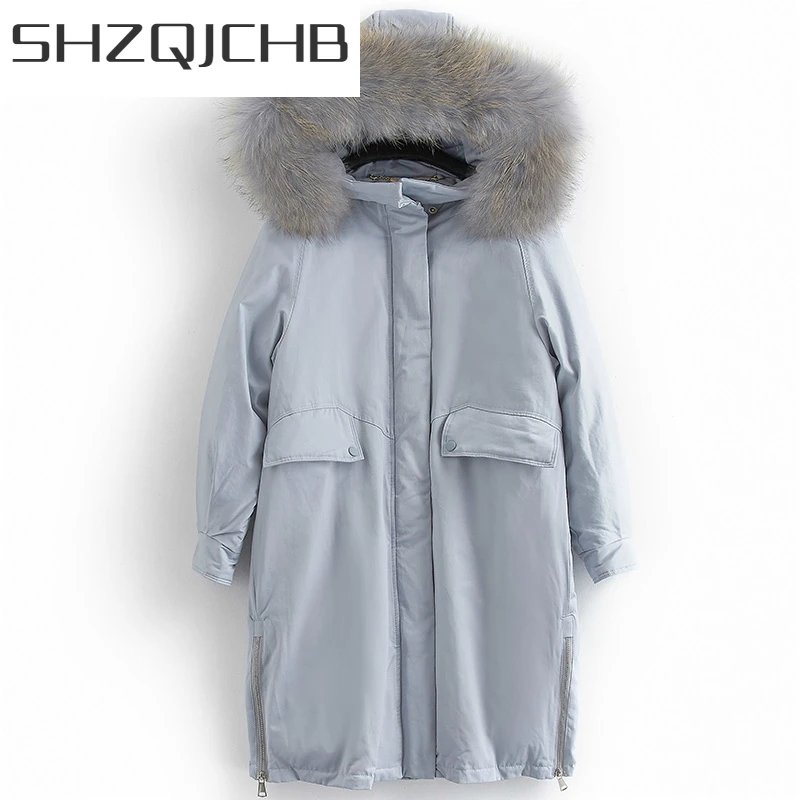 

SHZQ женские пуховики, куртки, теплая женская пуховая парка с натуральным мехом и капюшоном, длинное зимнее пальто на 90% утином пуху, женская о...
