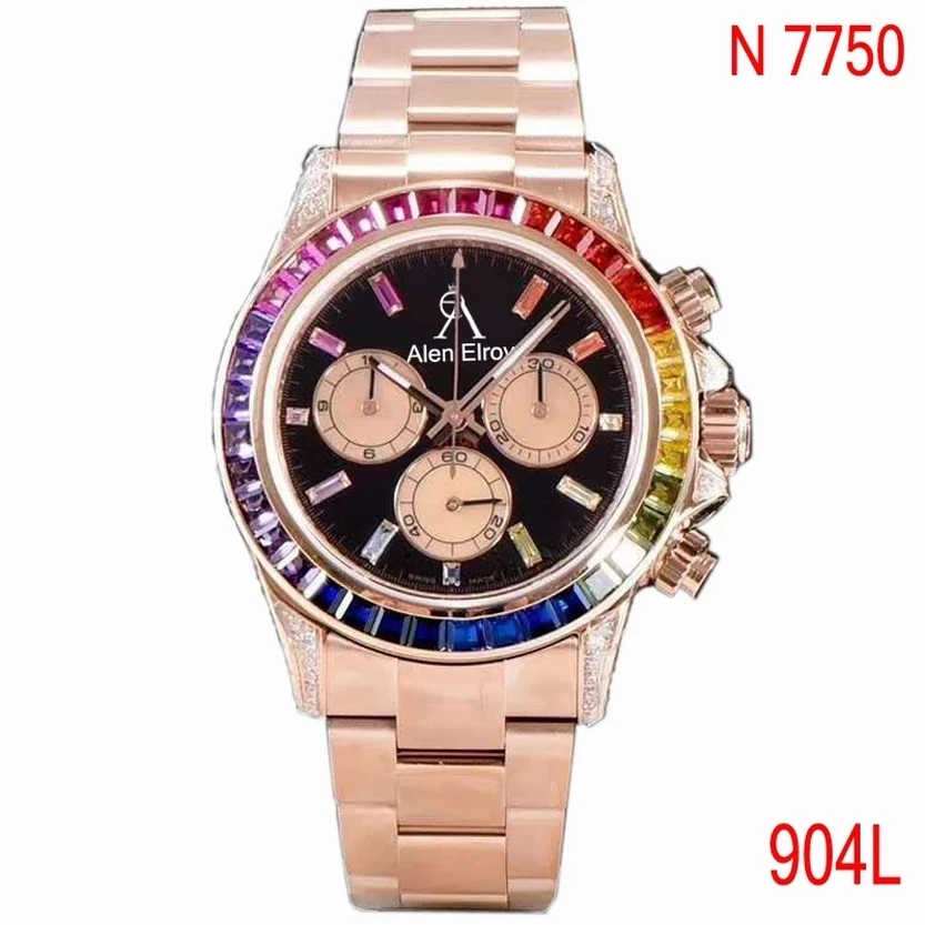 

904L luxury Rose Gold Tona-Day Mechanical Watch 1:1 Men Diamonds bezel Desinger Chronograph works NOOB ETA 7750 AAA+