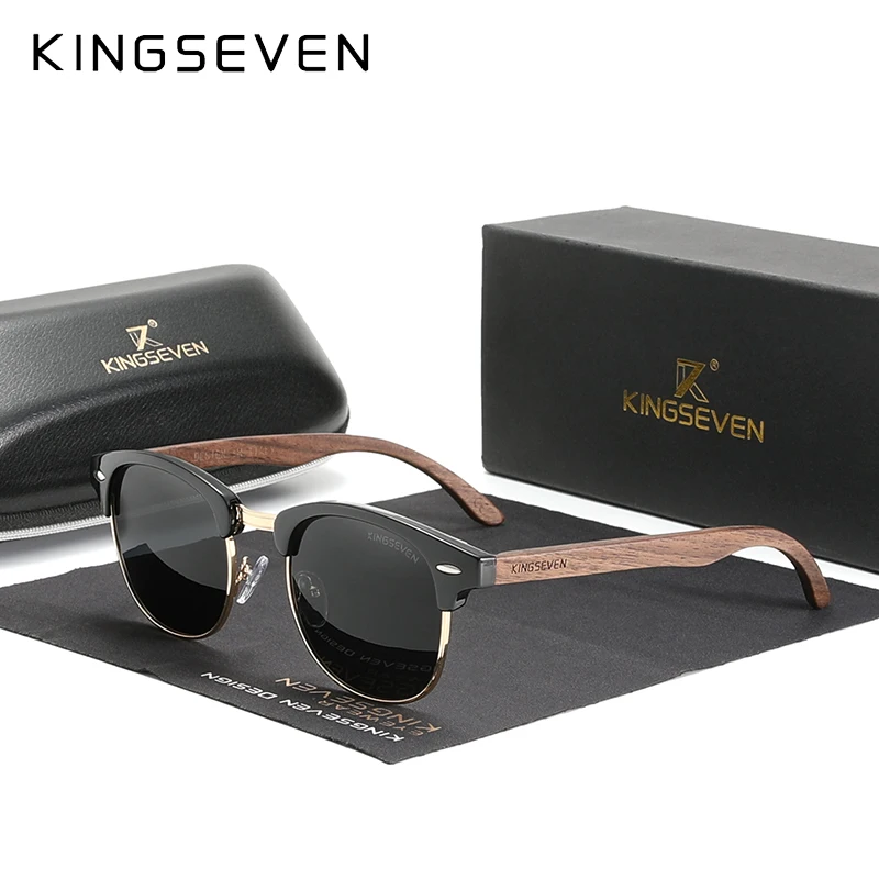 

KINGSEVEN Handmade 2021 Black Walnut Wooden Sunglasses Men Polarized UV400 Protection Semi-Rimless Retro Eyewear Women Oculos