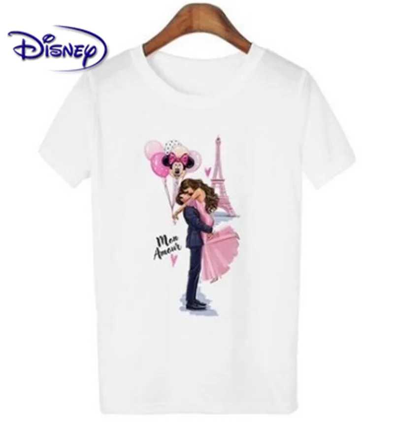 

Футболка с героями Диснея, Женская Летняя короткая белая футболка с круглым вырезом и изображением Микки и Минни Мауса