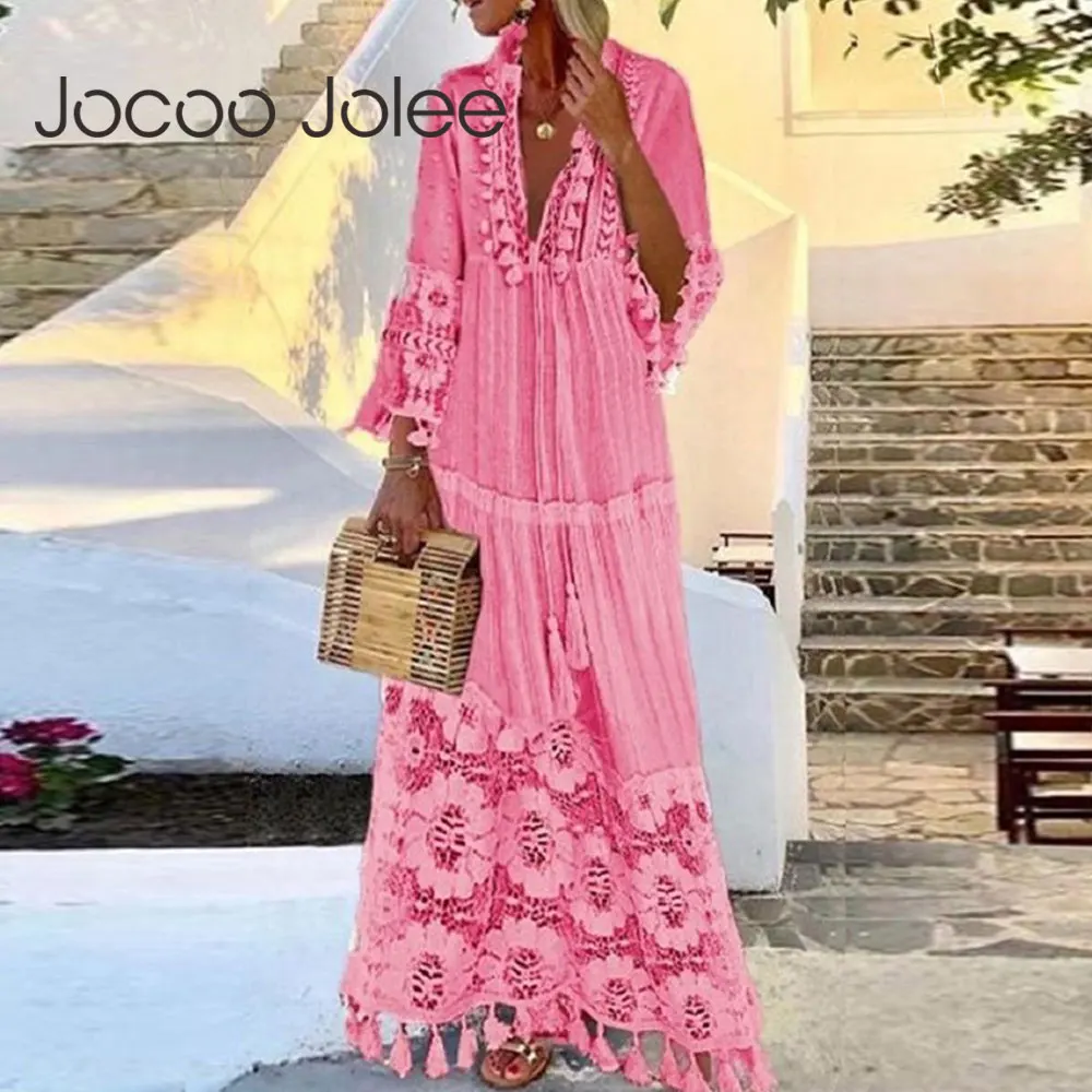 Jocoo Jolee Women Spring Bohemian Lace Patchwork Long Sleeve Beach Style Long Dress Deep V-Neck Elegant Tassel Solid
Jocoo Jolee Women Spring Bohemian Lace Patchwork Long Sleeve Beach Style Long Dress Deep V-Neck Elegant Tassel Solid