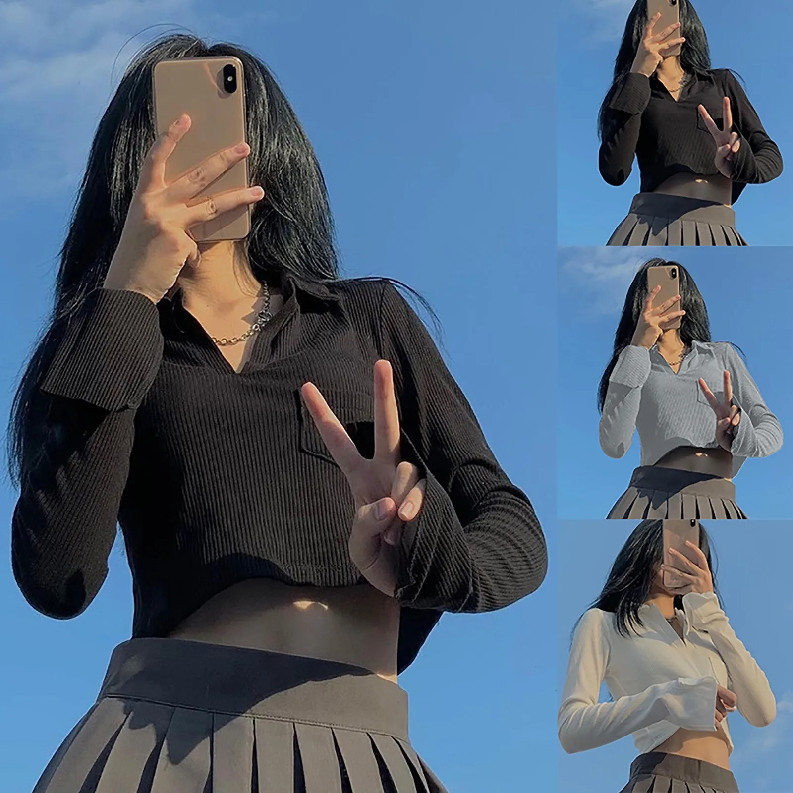 Однотонные Базовые Футболки с длинным рукавом, женская блузка с отложным воротником, Топ с длинным рукавом и V-образным вырезом, тонкая модн... 
Однотонные Базовые Футболки с длинным рукавом, женская блузка с отложным воротником, Топ с длинным рукавом и V-образным вырезом, тонкая модн...