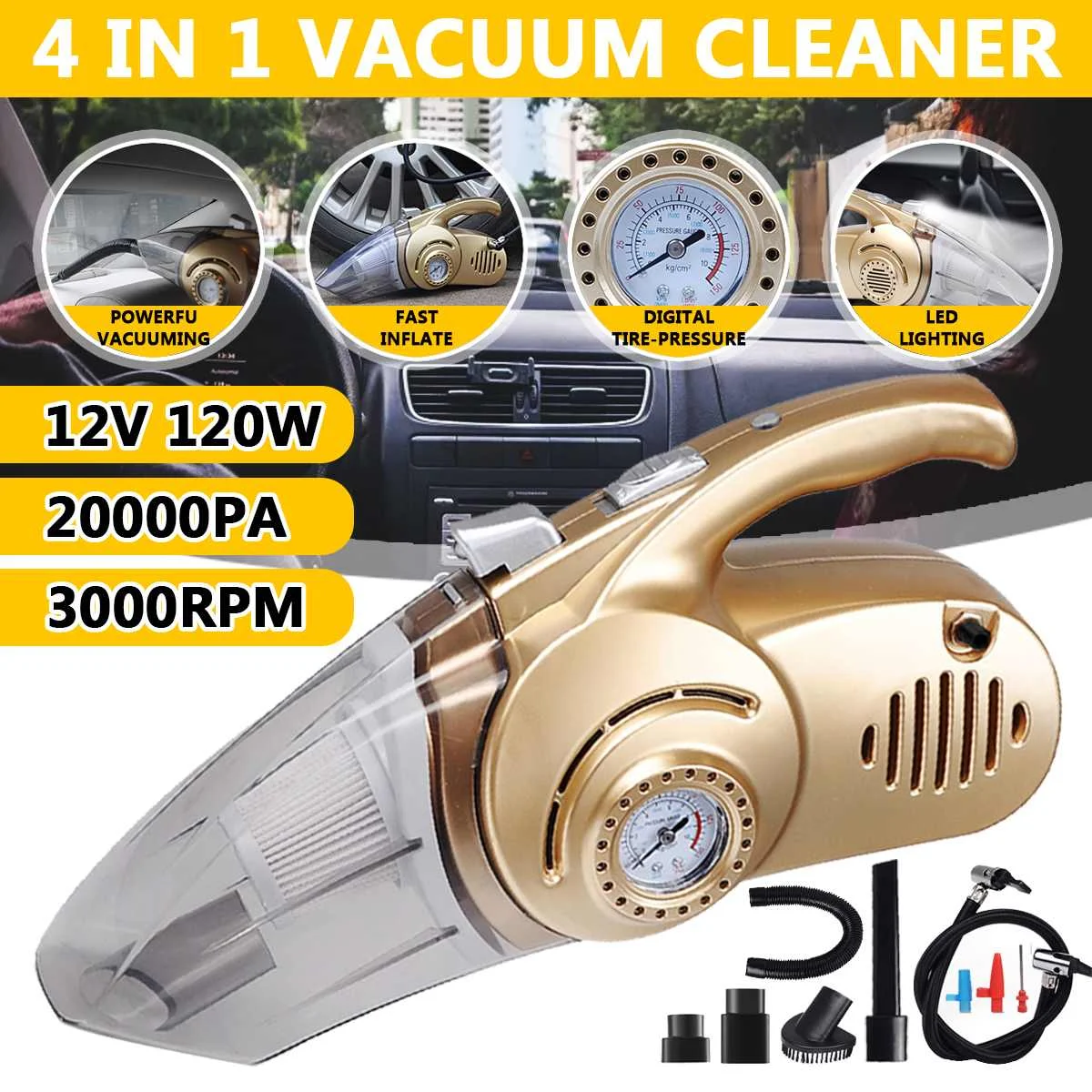 4 in 1 20000PA 3000RPM Vacuum Cleaner For Home Car Handheld Vaccum Cleaners with Tire Inflator Pump Pressure Gauge Power Suction
4 in 1 20000PA 3000RPM Vacuum Cleaner For Home Car Handheld Vaccum Cleaners with Tire Inflator Pump Pressure Gauge Power Suction