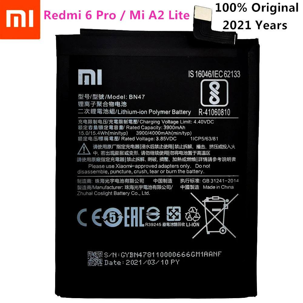 2021 Years Original 4000mAh BN47 Replacement Battery For Xiaomi Redmi 6 Pro / Mi A2 Lite Bateria Batterie Mobile Phone Batteries
2021 Years Original 4000mAh BN47 Replacement Battery For Xiaomi Redmi 6 Pro / Mi A2 Lite Bateria Batterie Mobile Phone Batteries