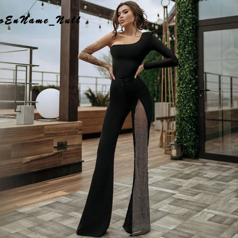 

Fashion One Shoulder Mesh See-Through Splicing Jumpsuit Long Sleeves Women Flared Jumpsuits Solid Grid Stitching Party Clothes