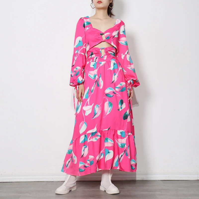 Женский элегантный костюм с принтом, юбка макси с V-образным вырезом и длинным рукавом 
Женский элегантный костюм с принтом, юбка макси с V-образным вырезом и длинным рукавом