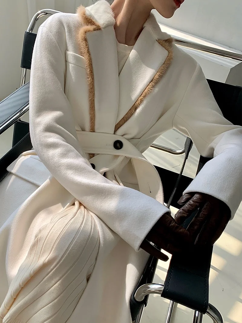 Женское шерстяное пальто средней длины, нишевое дизайнерское пальто из меха норки 
Женское шерстяное пальто средней длины, нишевое дизайнерское пальто из меха норки