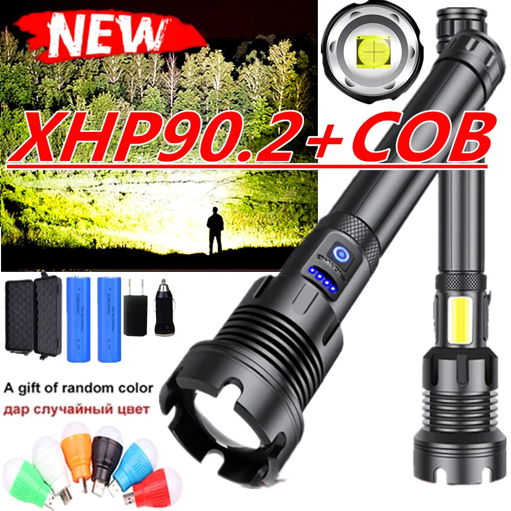 Фото Самый мощный светодиодный фонарь XHP90.2 + COB фонарик с зумом и USB 3 режима Лампа 18650 26650