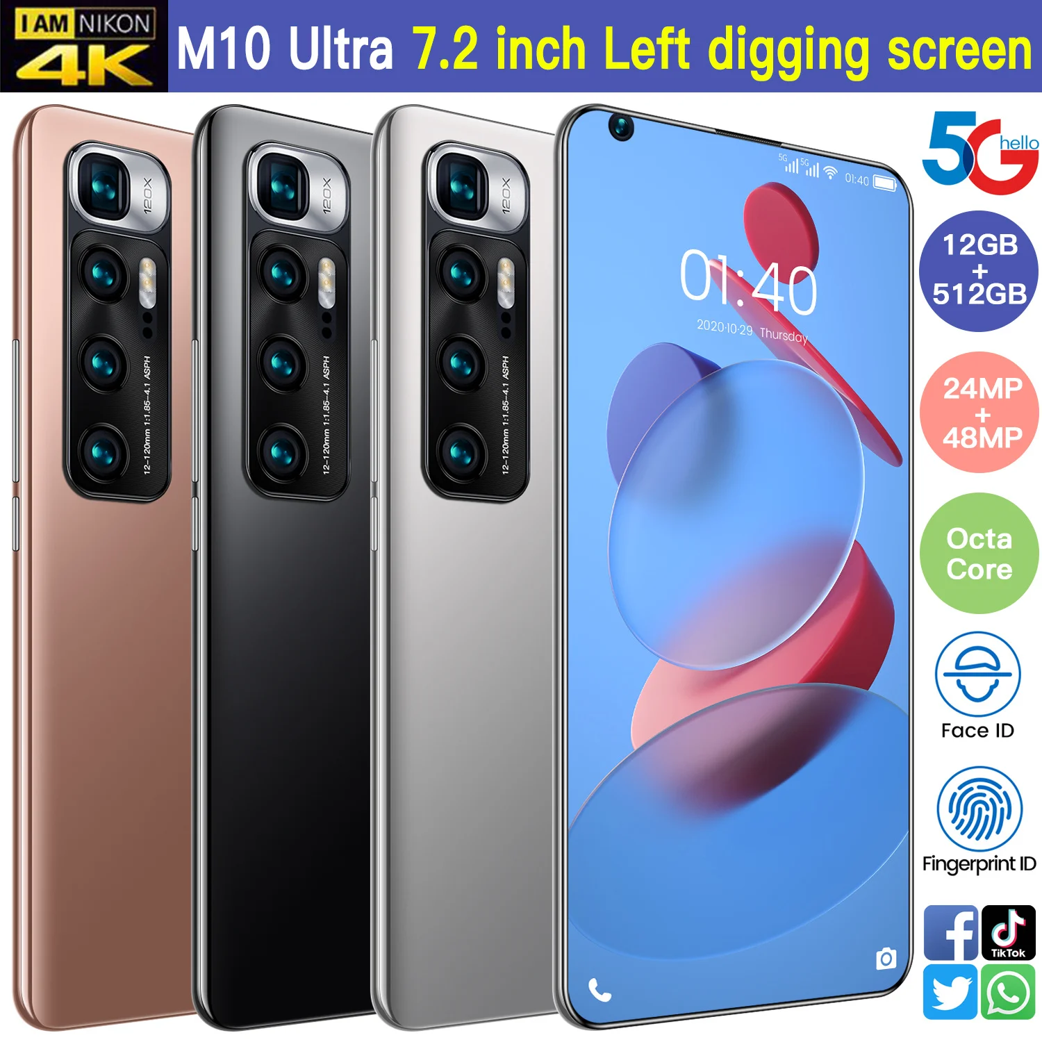 M10 Ultra 5G Global Version Smartphone MTK6889+ Deca Core 12G 512G 6000mAh New 48 MP Rear 7.2 Inch HD Screen Camera Cellphone
M10 Ultra 5G Global Version Smartphone MTK6889+ Deca Core 12G 512G 6000mAh New 48 MP Rear 7.2 Inch HD Screen Camera Cellphone