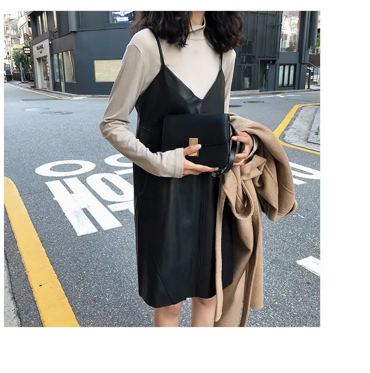 Korean suspender dress women's loose medium and long bib Synthetic Leather Sleeveless Spaghetti Strap dress
Korean suspender dress women's loose medium and long bib Synthetic Leather Sleeveless Spaghetti Strap dress