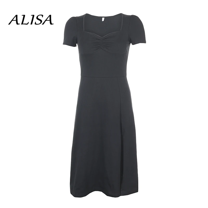 Summer Retro Square Neck Black Dress Women Sexy Split Pleated Bodycon Dress Woman Streetwear Casual Midi Dress Vestidos
Summer Retro Square Neck Black Dress Women Sexy Split Pleated Bodycon Dress Woman Streetwear Casual Midi Dress Vestidos