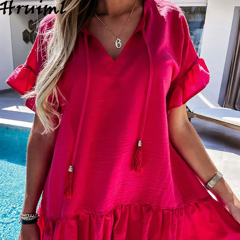 New Arrival Woman Dress V-neck Short-sleeved Ruched Fashion Dress Solid Color Casual Simple Style Ruffles Dresses for Women
New Arrival Woman Dress V-neck Short-sleeved Ruched Fashion Dress Solid Color Casual Simple Style Ruffles Dresses for Women
