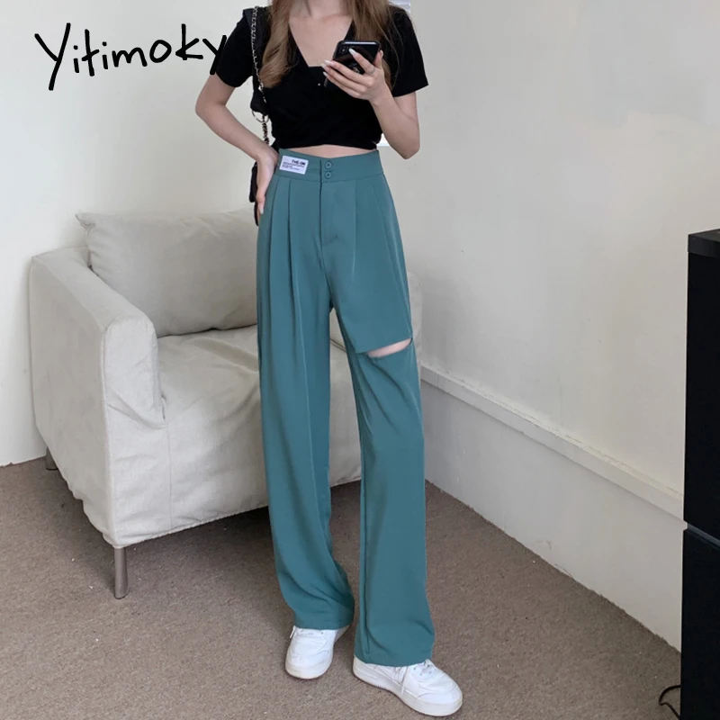 Женские брюки с широкими штанинами Yitimoky, повседневные корейские брюки с высокой талией, на пуговицах, с дырками, зеленые, черные, на лето, 2021
Женские брюки с широкими штанинами Yitimoky, повседневные корейские брюки с высокой талией, на пуговицах, с дырками, зеленые, черные, на лето, 2021