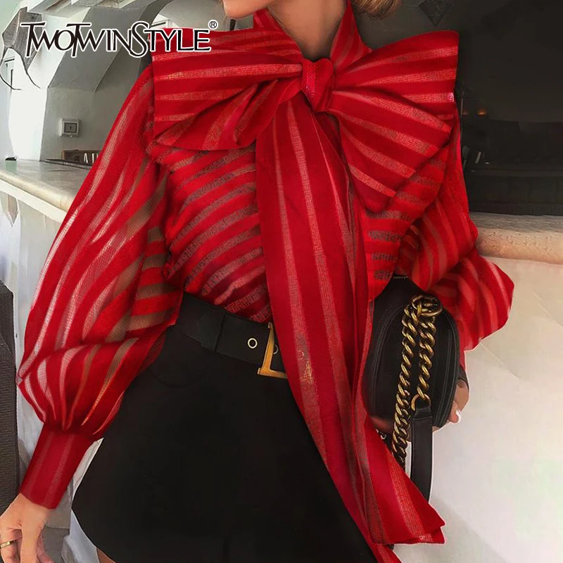 TWOTWINSTYLE/Полосатые блузки для женщин с бантом и воротником-фонариком Свободные