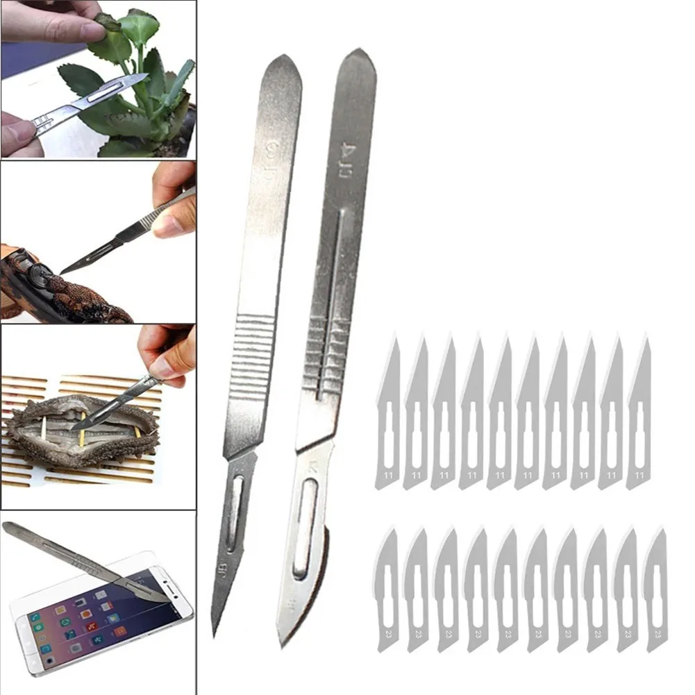 22pc 11# 23# Carbon Steel Scalpel Blades+2pc Thicken Handle Metal Blade Wood Carving K-nife Blade Replacement Scalpel Craft Tool
22pc 11# 23# Carbon Steel Scalpel Blades+2pc Thicken Handle Metal Blade Wood Carving K-nife Blade Replacement Scalpel Craft Tool