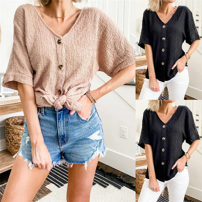 Women Cute Short Sleeve Blouses Lady V Neck Buttons Pure Color Shirts Tops Summer Solid Color Office Street Blouse Elegant Shirt
Women Cute Short Sleeve Blouses Lady V Neck Buttons Pure Color Shirts Tops Summer Solid Color Office Street Blouse Elegant Shirt