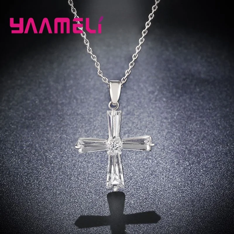 

Original S925 Sterling Silver Women Men Necklace Shining Cubic Zirconia Paved Cross Pendant/Chain Wedding Party Accessories