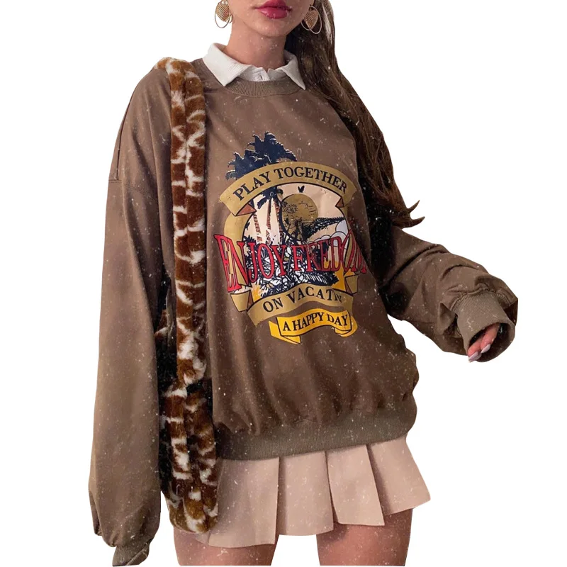 Brown Letter Print Oversized Crewneck Sweatshirt Women Loose Vintage Harajuku Long Sleeve Fall Winter Fashion Tops England Style 
Brown Letter Print Oversized Crewneck Sweatshirt Women Loose Vintage Harajuku Long Sleeve Fall Winter Fashion Tops England Style
