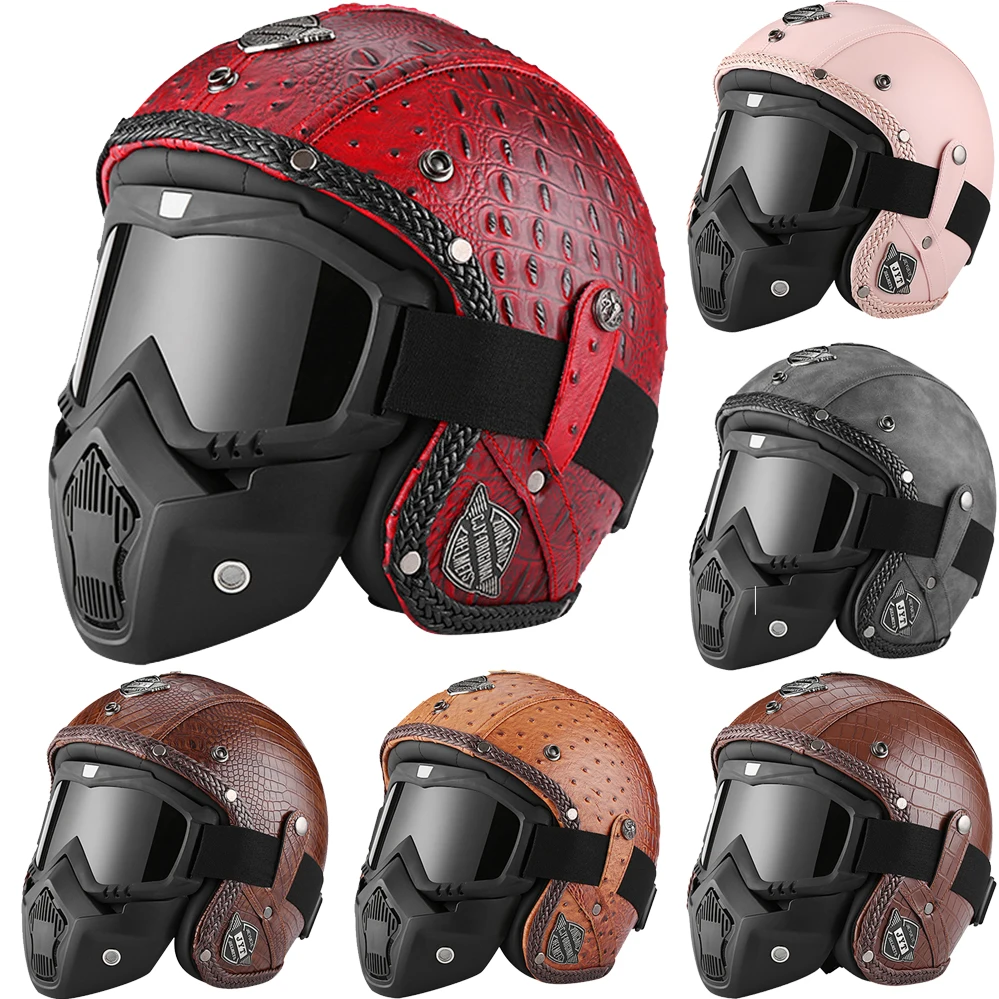 

Мотоциклетный шлем DOT из ПУ кожи, винтажный шлем для кафе, Racer, ретро, Мотокросс, с открытым лицом, защитные очки