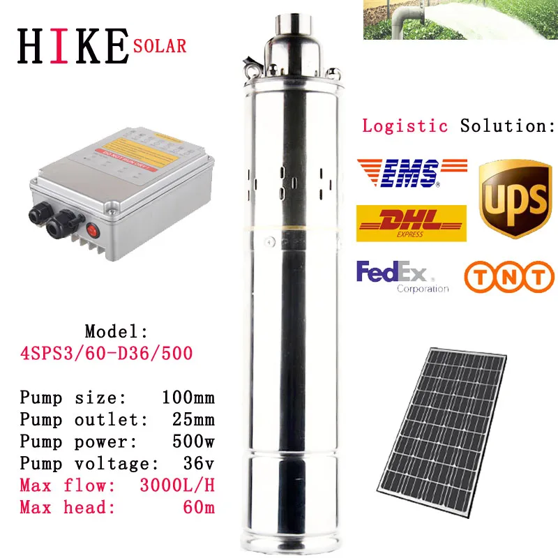 

Hike solar equipment 36V DC 500w 4" pump Solar power bore water pump system home farm agriculture irrigation 4SPS3/60-D36/500