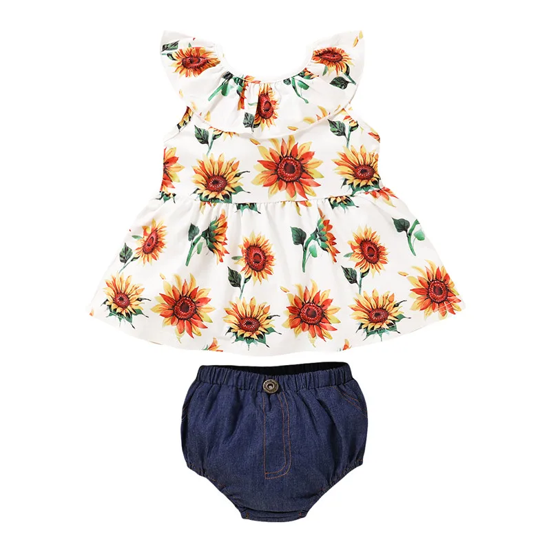 Baby Girl Clothing Sets Sunflower Printed Round Neck Tops + Blue Denim Brief Shorts 1-6Y Kids Children Summer Casual Outfit Sets
Baby Girl Clothing Sets Sunflower Printed Round Neck Tops + Blue Denim Brief Shorts 1-6Y Kids Children Summer Casual Outfit Sets