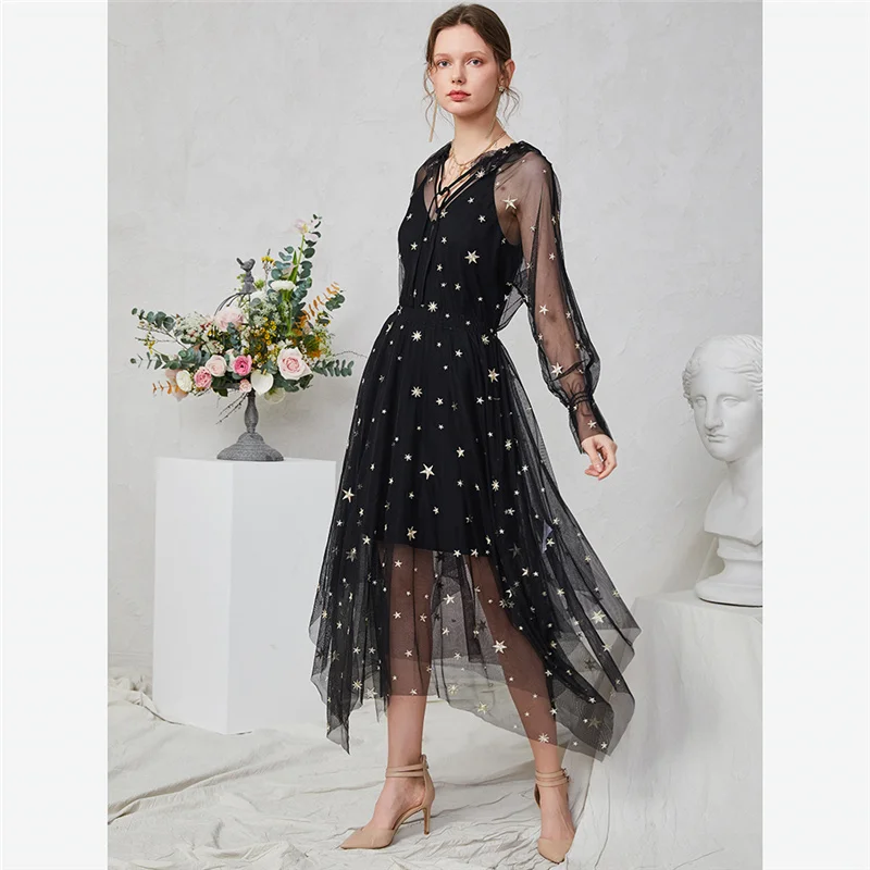 

summer Black dress woman 2020 V-neck elegant lace stars party bubble sleeve maxi asymmetric office lady casual embroidery dress