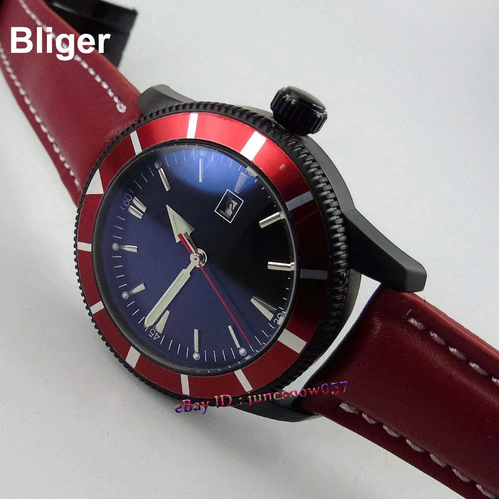 

Bliger 46mm black sterial dial date red bezel luminous black PVD case deployant clasp Automatic men's watch
