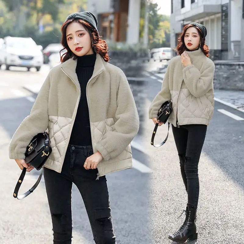 Women's Lapel Pocket Zipper Short Tops Ladies Lightweight Stitching Lamb-proof Cotton Jacket Female Cotton Jacket Autumn Winter 
Women's Lapel Pocket Zipper Short Tops Ladies Lightweight Stitching Lamb-proof Cotton Jacket Female Cotton Jacket Autumn Winter